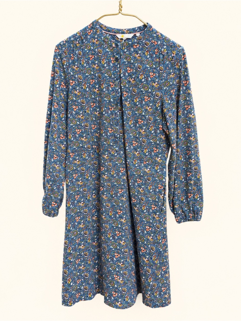 Boden Blue Floral Boho Cotton Dress US 14 Long Sleeve Pockets